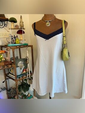 Y2K Coquette Victoria’s Secret Baby Blue Pajama Slip Dress w Navy Lace Trim